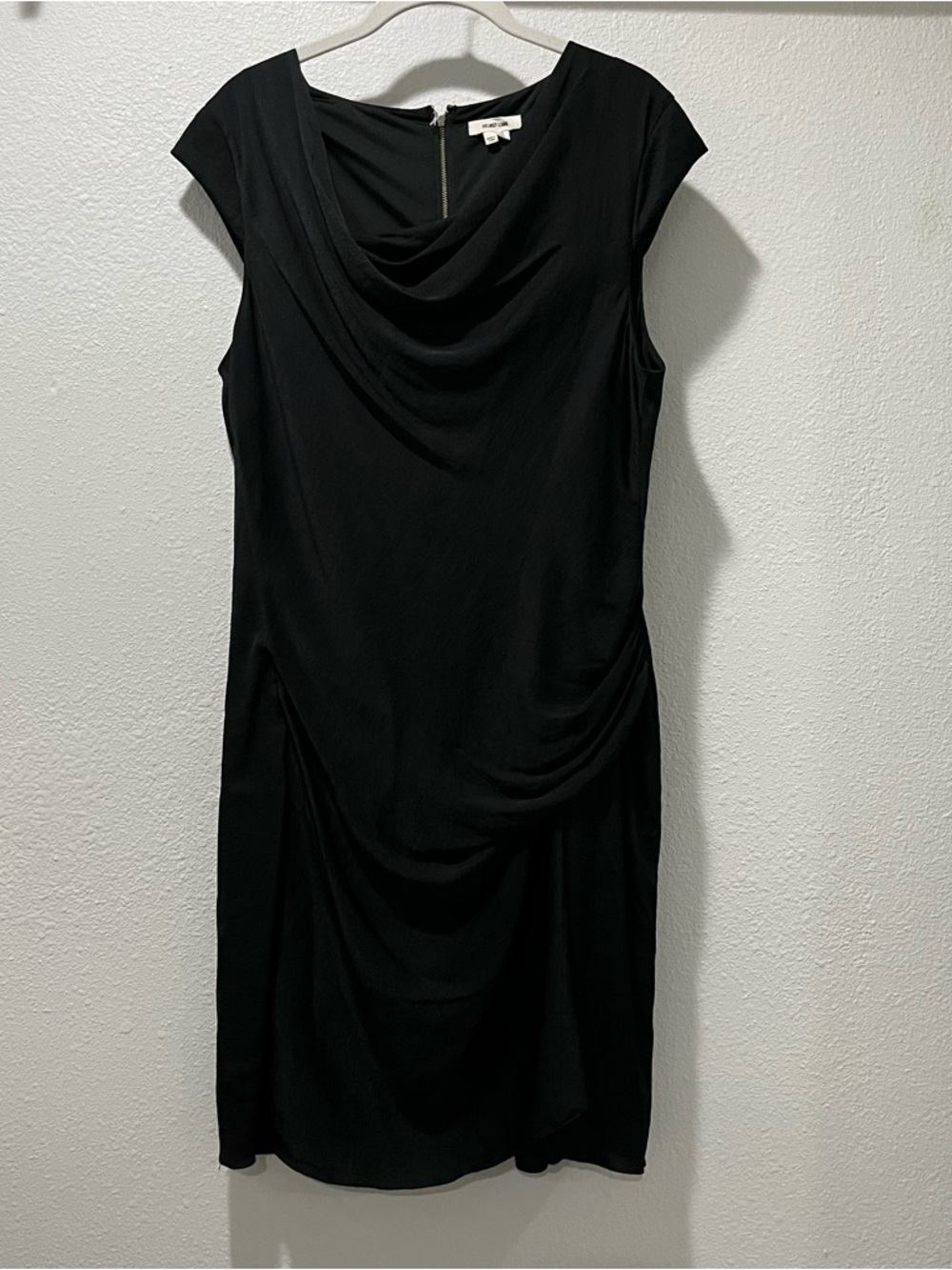 Helmut Lang Black Draped Cap-Sleeve Midi Dress with Side Ruching